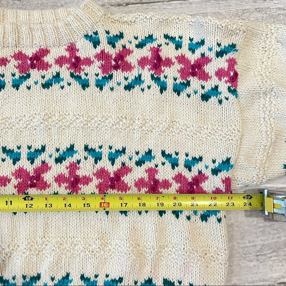 L.L. Bean Cream Crewneck Sweater with Pink and Teal Floral Fair Isle - Picture 4 of 9